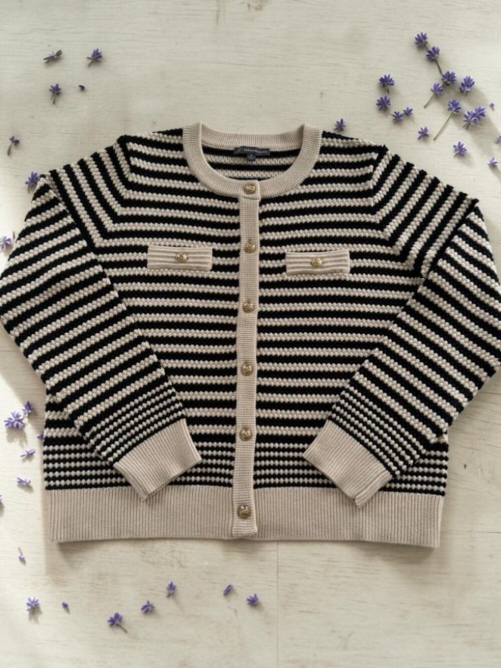 Adrianna Papell Striped Pointelle Cardigan Sweater Size M Cream‎ Black